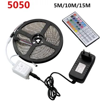 SMD 5050 Elastīgu LED Lentes RGB Gaismas 5M 10M 15M 60Leds/M Svītru Lentes Gaismas Ar 44 taustiņu Tālvadības pults Un Barošanas Adapteri