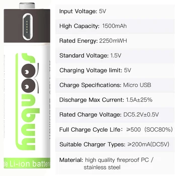 Soonbuy 2GAB AA 1.5 v1500mAh jaudas 2250mwh li-polimēra Litija-jonu akumulators ar uzlādējamu litija baterija, USB+USB kabelis
