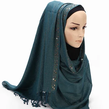 Spīguļi, Lurex Musulmaņu Kokvilnas Hijab Šalle ar Ilgi Pušķi Zelta Rhinestone Šalle Islāma Tudung Sieviešu Ramadāna Wraps Lakatu