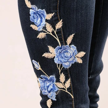 Stiept Izšūti Džinsi Sievietēm Elastīga Zilu Ziedu, Džinsi, Sieviešu Zīmuli Džinsa Bikses Rožu Modelis Pantalon Femme