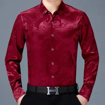Stilīgs Ķīniešu Pūķis Žakarda Krekls Mens Slim Fit ar garām Piedurknēm Kleita Krekli Vīriešu Ikdienas Pogu uz Leju Krekls Vīriešu Chemise Homme 4XL 8496
