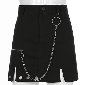SUCHCUTE gothic sieviešu svārki ar metāla ķēdi sadalīt Modis mini-line svārki melnā vasaras 2020. gadam streetwear sieviešu puses tērpiem 7131