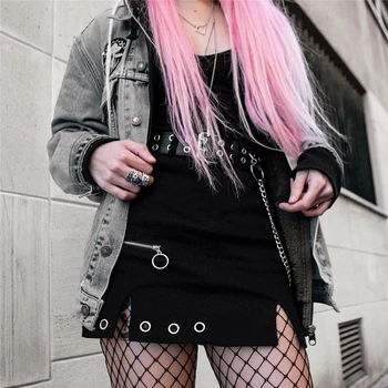 SUCHCUTE gothic sieviešu svārki ar metāla ķēdi sadalīt Modis mini-line svārki melnā vasaras 2020. gadam streetwear sieviešu puses tērpiem