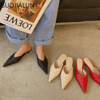 SUOJIALUN Sievietēm ar Zemu Papēdi Mūļu Sandales Modes Aust Ādas Tupele Norādīja Toe Sekla Paslīdēt uz Slaidiem Kurpes Zapatos Mujer