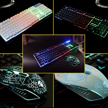 T6 tastatūru un peli ūdensizturīgs dizains 104-atslēga krāsu LED spēļu Tastatūru, peli, iestatiet 2400DPI spēļu pele manipulatoru justies