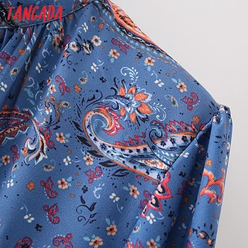 Tangada Pavasara Modes Sieviešu Zilu Ziedu Drukāt Ruffles Kleita Vintage Biroja Dāmas Vidukļa Mežģīnes Up Kleita Ar Rāvējslēdzēju 5X07