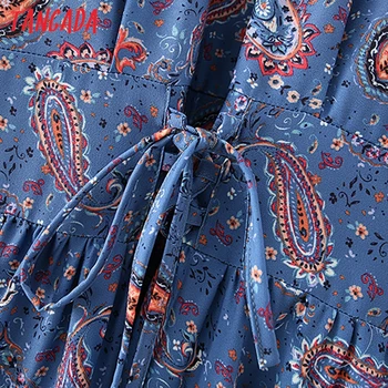 Tangada Pavasara Modes Sieviešu Zilu Ziedu Drukāt Ruffles Kleita Vintage Biroja Dāmas Vidukļa Mežģīnes Up Kleita Ar Rāvējslēdzēju 5X07