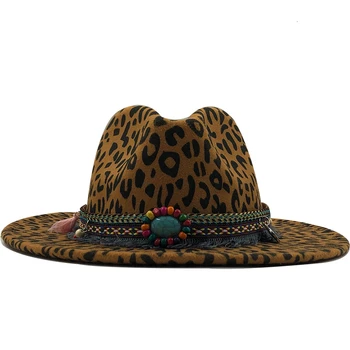 Tendence Unisex Dzīvoklis Malām Vilnas Filcs, Džeza Fedora Cepures Vīrieši Sievietes Leopard Graudu pušķis Joslu Dekori Trilby Panama Oficiālu Cepures 58-60cm