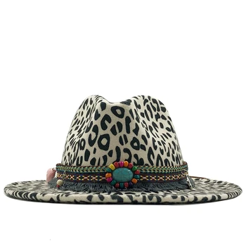 Tendence Unisex Dzīvoklis Malām Vilnas Filcs, Džeza Fedora Cepures Vīrieši Sievietes Leopard Graudu pušķis Joslu Dekori Trilby Panama Oficiālu Cepures 58-60cm