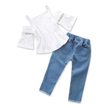 Toddler Meitenes Vasaras Apģērbu Komplekts Baltā krāsā Tops+Elastīga Vidukļa Džinsus vai Bikses Izšūtu 2gab Bērniem Tērps Mazulim Meitene Drēbes, Izmēri 2-ź5 y