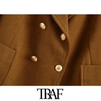 TRAF Sieviešu Modes Dubultā Krūtīm, Mīksti Vilnas Mētelis Vintage garām Piedurknēm, Kabatām Sieviešu Virsdrēbes Elegants Mētelis