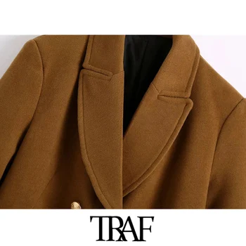 TRAF Sieviešu Modes Dubultā Krūtīm, Mīksti Vilnas Mētelis Vintage garām Piedurknēm, Kabatām Sieviešu Virsdrēbes Elegants Mētelis