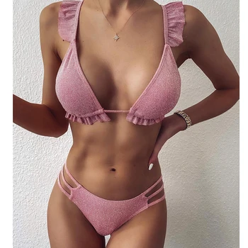 Tīrtoņa Krāsu Sieviešu Sexy Bikini Komplekti Push Up Pārsējs Beachsuit Peldkostīmu Ruffles Peldkostīmi Beachwear 2020. Gadam Sieviešu Biquini Komplekti