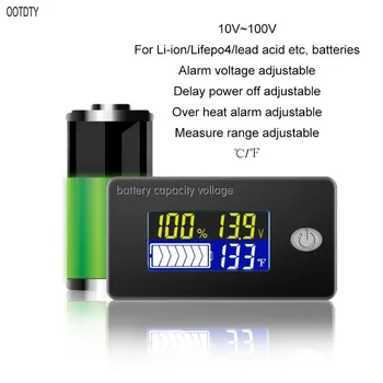 Univerisal Akumulatora uzlādes Indikators 12V 24V 36V 48V 60V 72V 10-100V Li-ion Lifepo4 Svina skābes Akumulatoru Monitors ar temperatūras
