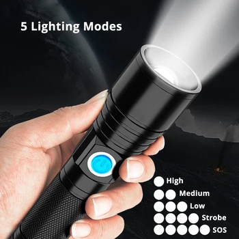 USB Uzlādējams LED Lukturītis Super Spilgti 5 Režīms Tālummaiņas Ūdensdrošs kabatas Lukturītis, kas Darbināmi Ar 18650 Akumulatoru Tērps Nakts apgaismojums