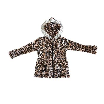 Vairumtirdzniecības/mazumtirdzniecības leoparda jaka baby meitenes kapuci rāvējslēdzēju outwear bērniem savirmot mētelis rudens jaka ar ruffles