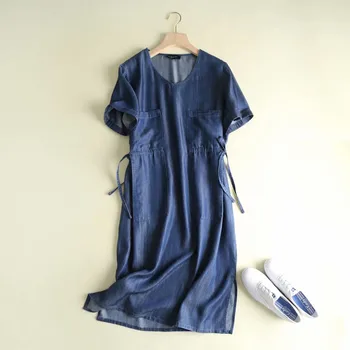 Vasaras džinsa kleita slaids viduklis īsām piedurknēm, v veida kakla kabatas gadījuma gaiši zils, cieta midi Džinsi, kleitas vestido mujer brīvdienās