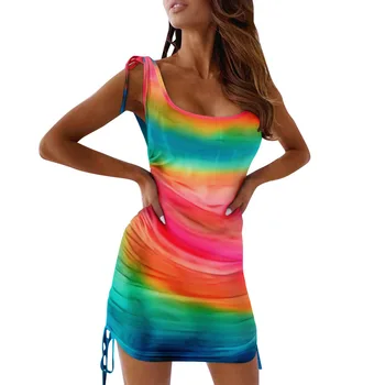 Vasaras ebay kleita Ruched Zemas frekvences Bodycon Mini Kleitas, Sievietēm, kaklasaišu krāsošanas Laukumā Apkakles, Piedurknēm Vasaras Kleitas