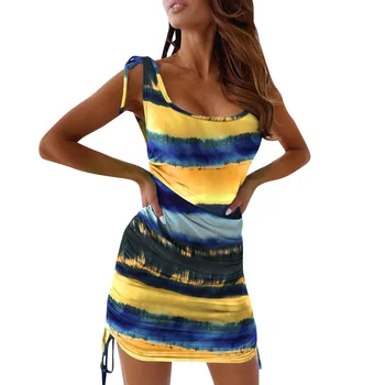 Vasaras ebay kleita Ruched Zemas frekvences Bodycon Mini Kleitas, Sievietēm, kaklasaišu krāsošanas Laukumā Apkakles, Piedurknēm Vasaras Kleitas