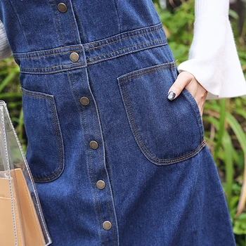 Vasaras Rudens Sieviešu Džinsa sundress (Dungriņi) Vintage Blue Pogu Priekšpusē Drēbes Sexy Bodycon Slim Salds jeans denim kleitu, apmetni
