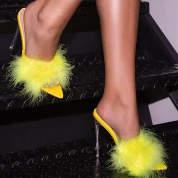 Vasaras Sexy Norādīja Toe Pūkains Čības dāmas Sandales Modes Dizaina Skaidrs, Organiskā stikla augstpapēžu kurpes Sieviešu Mūļu Kurpes Pūkainas Čības
