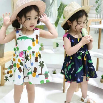 Vasarā bērni, meitenes kleita drukāt Kokosriekstu koku dinozauru ananāsu piedurknēm atpakaļ bowcute princese linga kleitas par 1-6Yrs bērniem