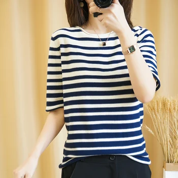 Vasarā Kokvilnas T-krekls Sievietēm, Apģērbu korejiešu Stilā, O-veida kakla Svītrainām Īsām Piedurknēm T-krekli Sieviete Gadījuma Pamata Krekls Top