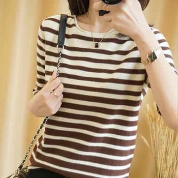 Vasarā Kokvilnas T-krekls Sievietēm, Apģērbu korejiešu Stilā, O-veida kakla Svītrainām Īsām Piedurknēm T-krekli Sieviete Gadījuma Pamata Krekls Top