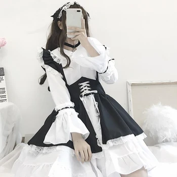 Vintage Black White Gothic Lolita Meitene Kleita Sievietēm Japāņu Kawaii Izlīdzināšanu Piedurknēm 2 Gabals Komplekti Meitenēm Halloween Cosplay Kostīmi