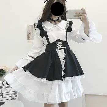 Vintage Black White Gothic Lolita Meitene Kleita Sievietēm Japāņu Kawaii Izlīdzināšanu Piedurknēm 2 Gabals Komplekti Meitenēm Halloween Cosplay Kostīmi