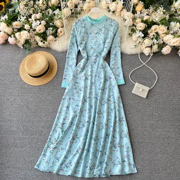 Vintage Blue Ziedu Gara Kleita Gadījuma Apaļu Apkakli, Garām Piedurknēm, Augsta Vidukļa Slim Elegantu Maxi Kleitas, Sieviešu Drēbes Mujer Rudens 2020