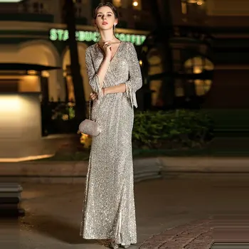Vizuļi Formālu Kleita Sudraba V-Veida Kakla Drēbes De Saviesīgs Vakars K019 Ilgu Plus Lieluma Sievietēm Puse Kleitas 2019 Elegants Ar Garām Piedurknēm Vakara Kleita