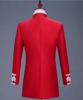 Vīrieši Anglijas Stila Tiesa Kleita Sarkanā Izšuvumi 2 Krāsas Bleizeri Tērpus Kāzu Līgavainis Skatuves Kostīmu Balli Pusei Dziedātājs Koris Kostīms