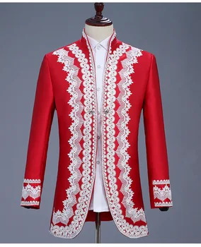 Vīrieši Anglijas Stila Tiesa Kleita Sarkanā Izšuvumi 2 Krāsas Bleizeri Tērpus Kāzu Līgavainis Skatuves Kostīmu Balli Pusei Dziedātājs Koris Kostīms