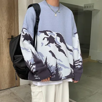 Vīriešu Džemperis Streetwear Kalnu Koku Modelis Hip Hop gada Rudenī Jaunu Džemperi Spandex O-veida kakla Lielajam Pāris Gadījuma Vīriešu Džemperi