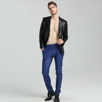 Vīriešu Zilā PU Ādas Motociklu Bikses Zēniem Zīmuli Bikses Mākslīgās Ādas Bikses Plus Lieluma Sexy Ūdensizturīgs Bikses Vīriešu Streetwear