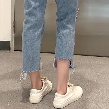 WANYUCL pavasarī un rudenī korejiešu stilā, bikses ripped džinsi jāmazgā deviņu punktu bikses sieviešu augsta vidukļa taisnu kāju bikses