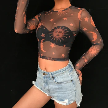 Weekeep Melns Caurspīdīgs t krekls ar garām Piedurknēm Sievietēm Drukāt Apgriezts Acs t 2019 Vasaras Streetwear tee krekls Topi femme