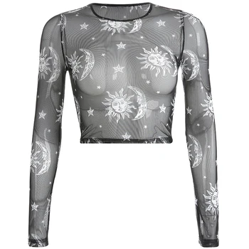 Weekeep Melns Caurspīdīgs t krekls ar garām Piedurknēm Sievietēm Drukāt Apgriezts Acs t 2019 Vasaras Streetwear tee krekls Topi femme