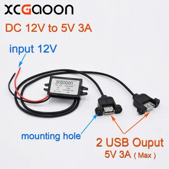 XCGaoon Dual 2 USB DC-DC Auto Converter Module Kabelis Ar Montāžas Caurumu ievade DC 12V Uz USB Jaudu 5V 3A 15W Strāvas Adapteris