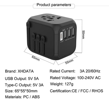 XHDATA 309T Universālā Ceļojumu Lādētājs Konversijas Pievienojiet 100-250V 5A Starptautisko ātro Lādētāju 3 USB Porti+ Tipa C Adapteri