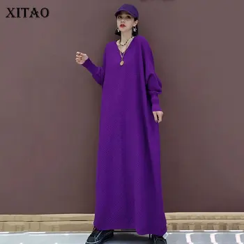 XITAO Rietumu Stila Kleitas, Sievietēm, Plus Lieluma V veida Kakla Adīt Kleita Ilgi Lielgabarīta Sieviešu Apģērbu 2020. Gadam tīrtoņa Krāsu Tendence Jauni ZP3143