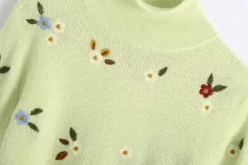 XNWMNZ za sieviešu adīt džemperis ar ziedu izšuvumu trf Apgriezts adīt džemperi, vilnas maisījums Augstas kaklu garām piedurknēm izšuvumi Sieviete
