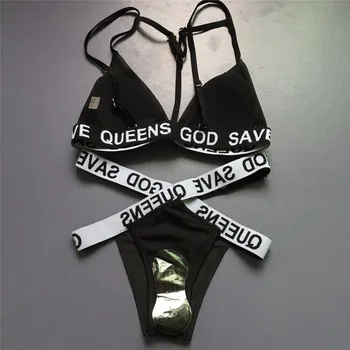 YICN Sieviešu Seksīgi Peldkostīmi Krūšturis God Save Karalienes Vēstules Drukāt Beachsuit Bikini Uzvalks Pārsējs Trīsstūris Peldkostīms Melnā Bikini Komplekts