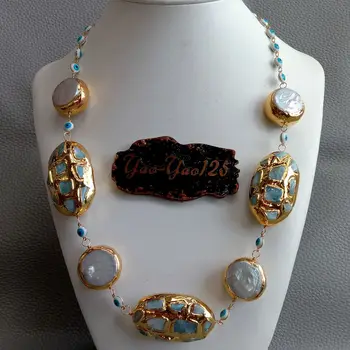 Y·YING Baltās Monētas Pearl Blue Larimar Zelta krāsu, Emaljas Pārklājumu Ļauno Acis Ķēdes sānslīdi kaklasaite Kaklarota sievietēm 21