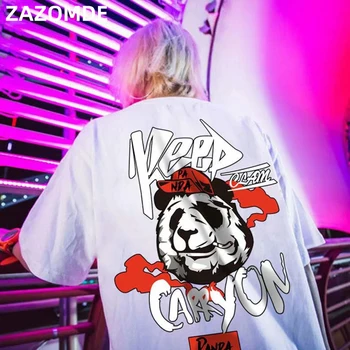 ZAZOMDE Hip hop t-veida krekls Panda drukāt kokvilnas ar īsām piedurknēm zaudēt atdzist vīriešu T krekls gadījuma o-veida kakla Vasaras mens Punk Modes tshirt