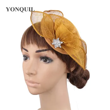 Zelta Sinamay Jauku Kāzu Fascinator Sieviešu Cepures, Eleganti Baznīcas Headpiece Formālu Kleita Kokteilis Dāmas Fedora Cepures Aksesuāri