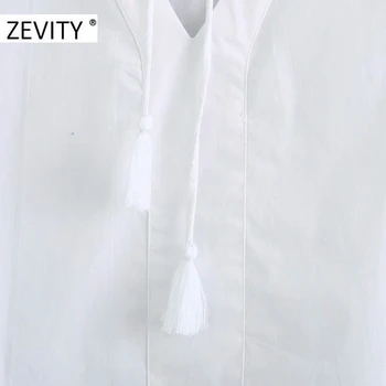 ZEVITY Jaunā sieviešu vintage v kakla garām piedurknēm izšuvumi smock blūze, krekls sievietēm pušķis saistīts gadījuma roupas šiks blusa topi LS7183