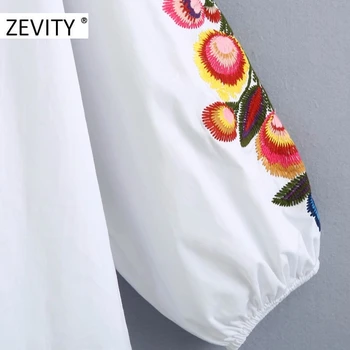ZEVITY Jaunā sieviešu vintage v kakla garām piedurknēm izšuvumi smock blūze, krekls sievietēm pušķis saistīts gadījuma roupas šiks blusa topi LS7183