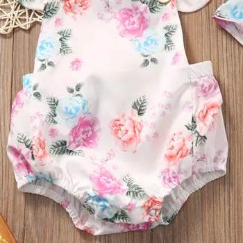 Ziedu Baby Romper Apģērbu Komplekts 2017. Gada Vasaras Jaundzimušais Meitene Mežģīņu Piedurknēm Bodysuit Jumpsuit Galvu 2gab Apģērbs Sunsuit